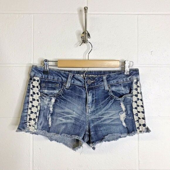 Mossimo Supply Co. Denim Jean Cut Off Shorts With Laced Side Panels Size 9 - Picture 1 of 11